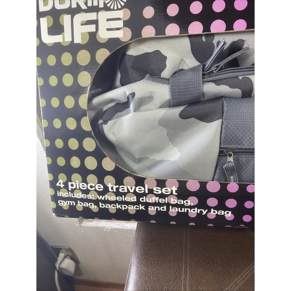 Dorm Life 4-Piece Travel Set Gray Camo Wheeled Duffel Backpack Gym Laundry Bag